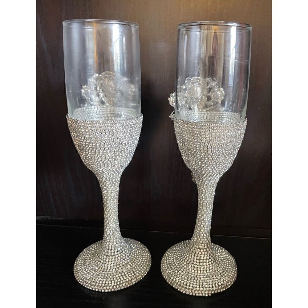 Crystal clear Rhinestones Wedding Flutes set , Swarovski Crystals, custom made - Picture 2 of 4